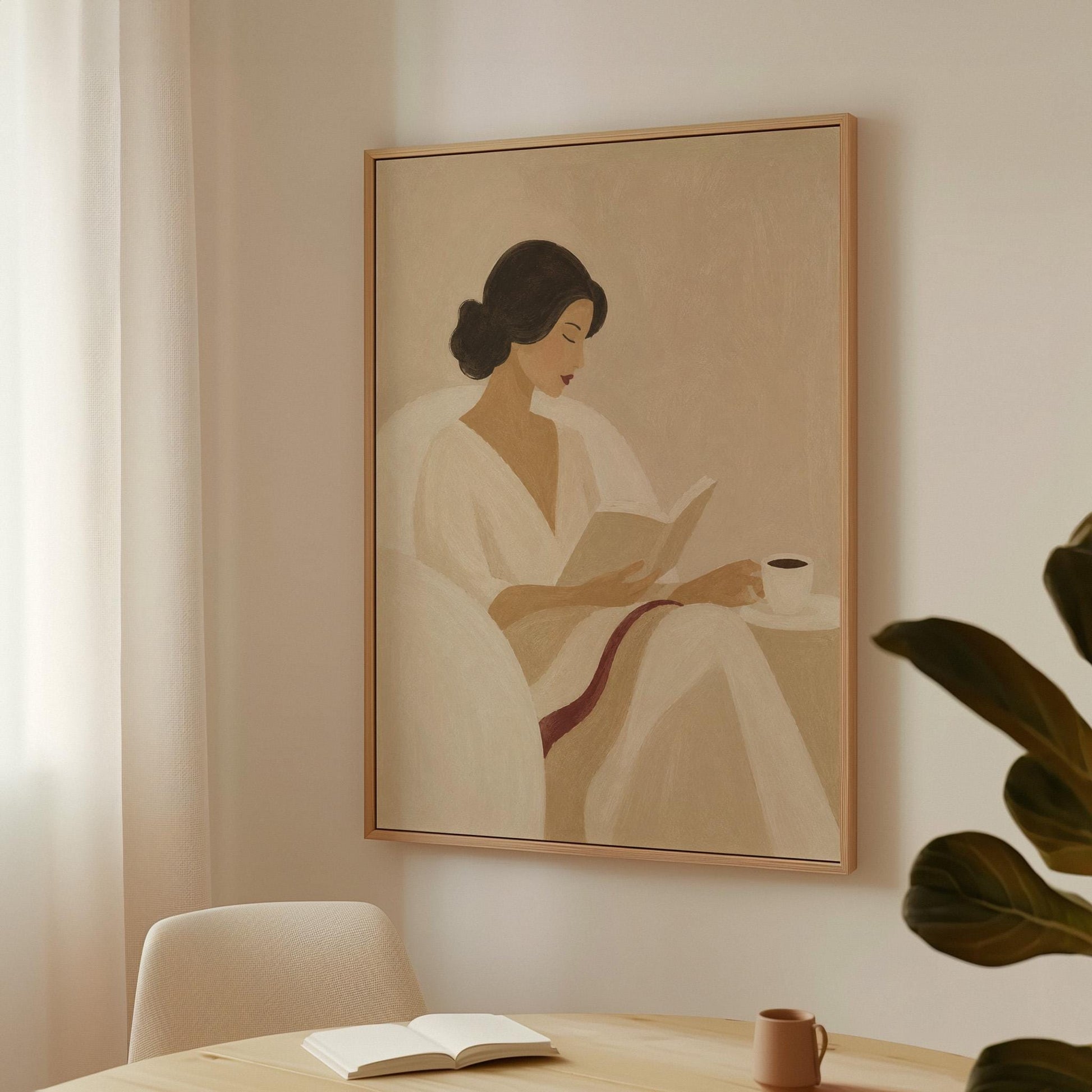 Woman in a white robe reading in an armchair with a black coffee, canvas wall art seen in a warm interior with natural light