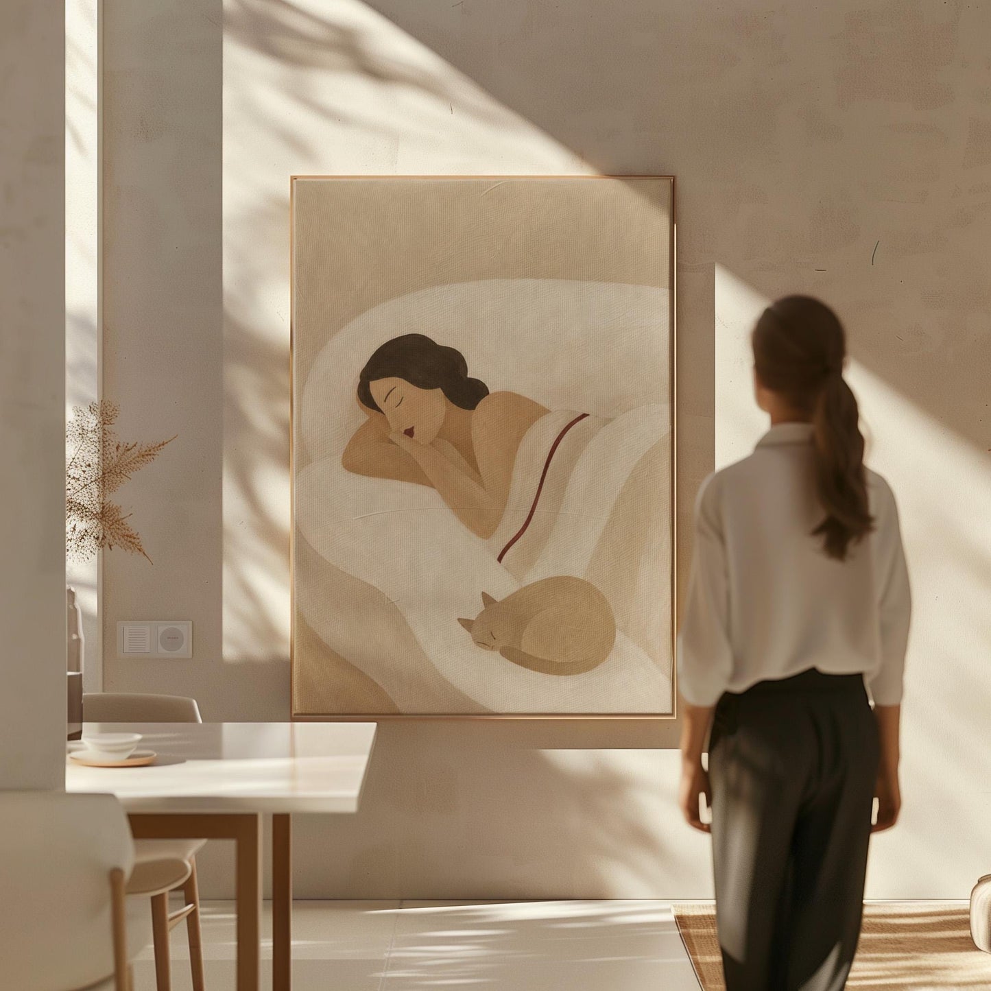 Woman sleeping with a small white cat curled at the foot of the bed, canvas wall art presented in a light, minimal room