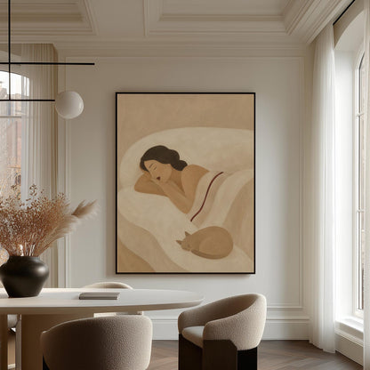 Woman sleeping with a small white cat curled at the foot of the bed, canvas wall art on a quiet wall in a considered interior