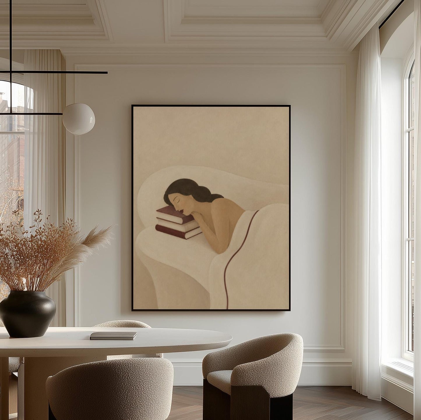 Woman resting her cheek on a stack of cream and burgundy books, canvas print presented in a light, minimal room