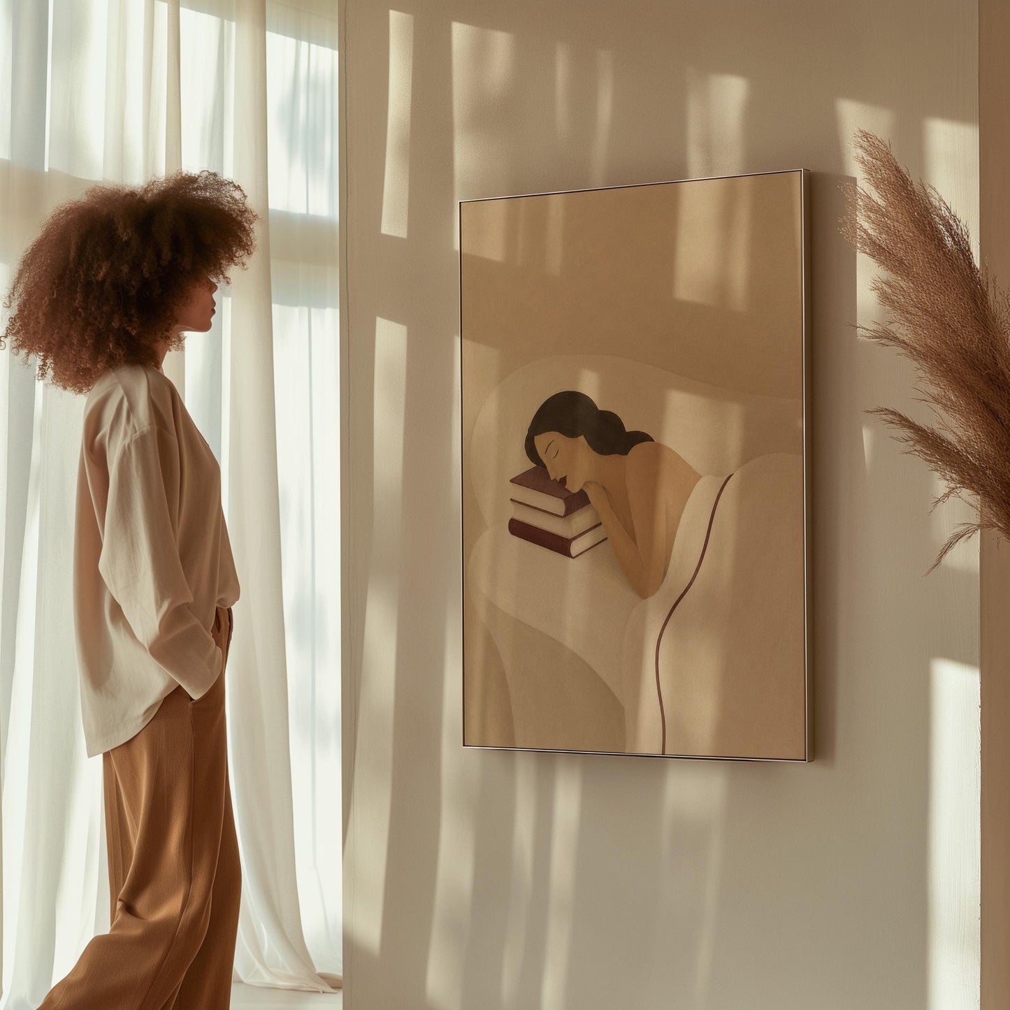 Woman resting her cheek on a stack of cream and burgundy books, canvas wall art hanging in a calm, modern living space