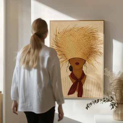 Woman in a huge fringed straw hat with a red scarf and striped shirt, canvas print shown in a sunlit, contemporary room