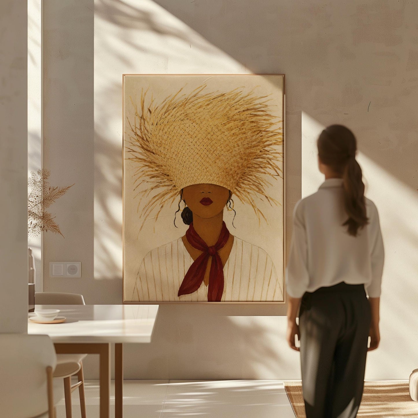 Woman in a huge fringed straw hat with a red scarf and striped shirt, canvas print hanging in a calm, modern living space