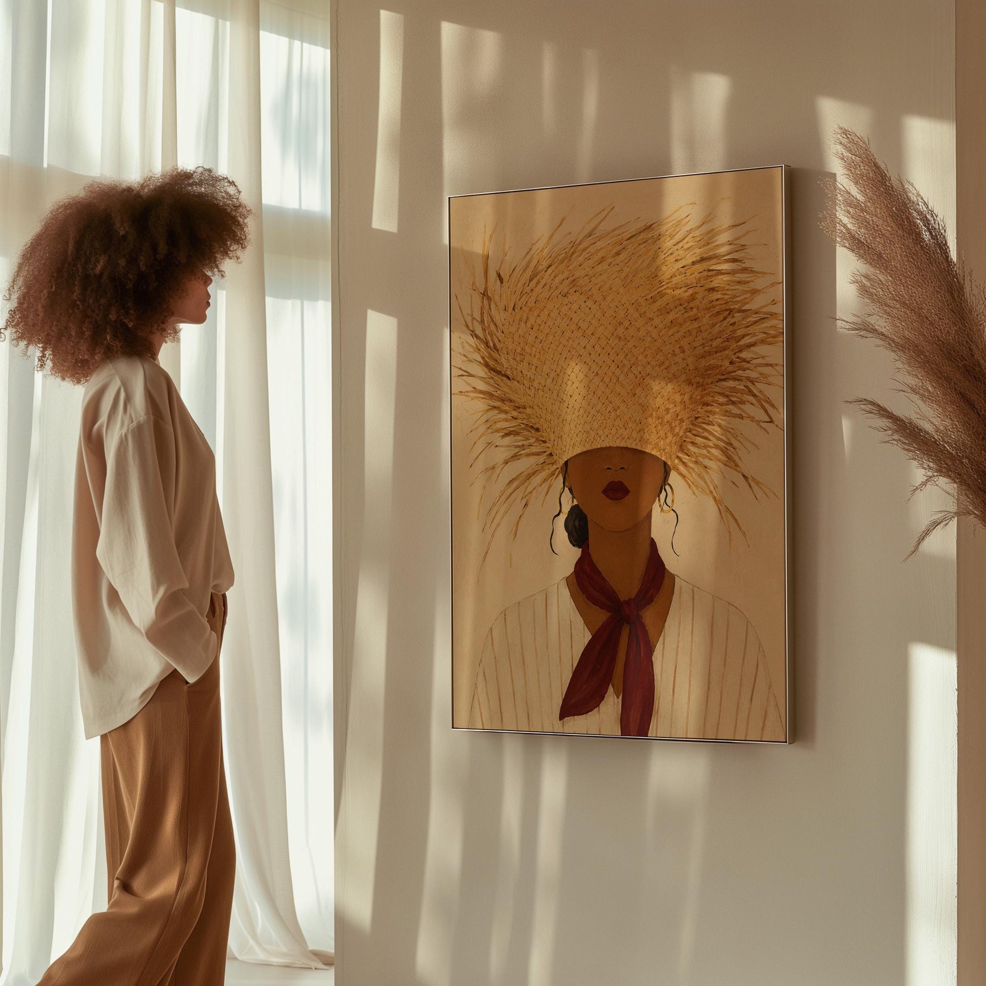 Woman in a huge fringed straw hat with a red scarf and striped shirt, canvas wall art presented in a light, minimal room