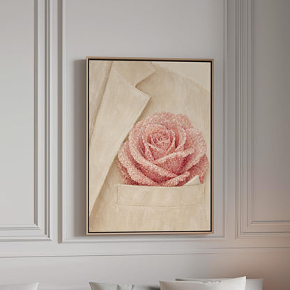 Blush pink rose with pearl beaded petals tucked into a cream pocket, canvas print in a bright room with natural daylight