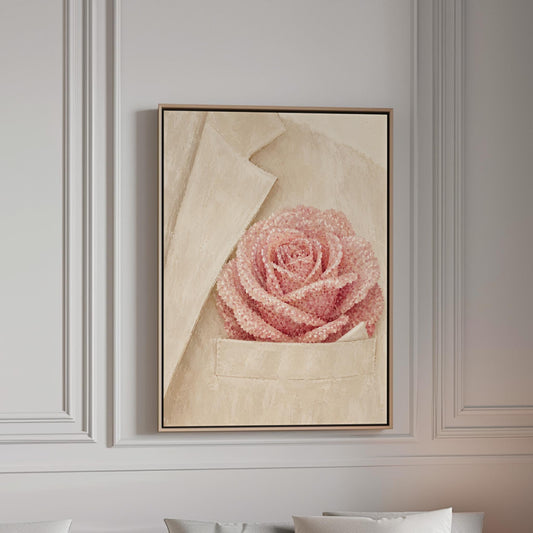 Blush pink rose with pearl beaded petals tucked into a cream pocket, canvas print in a bright room with natural daylight