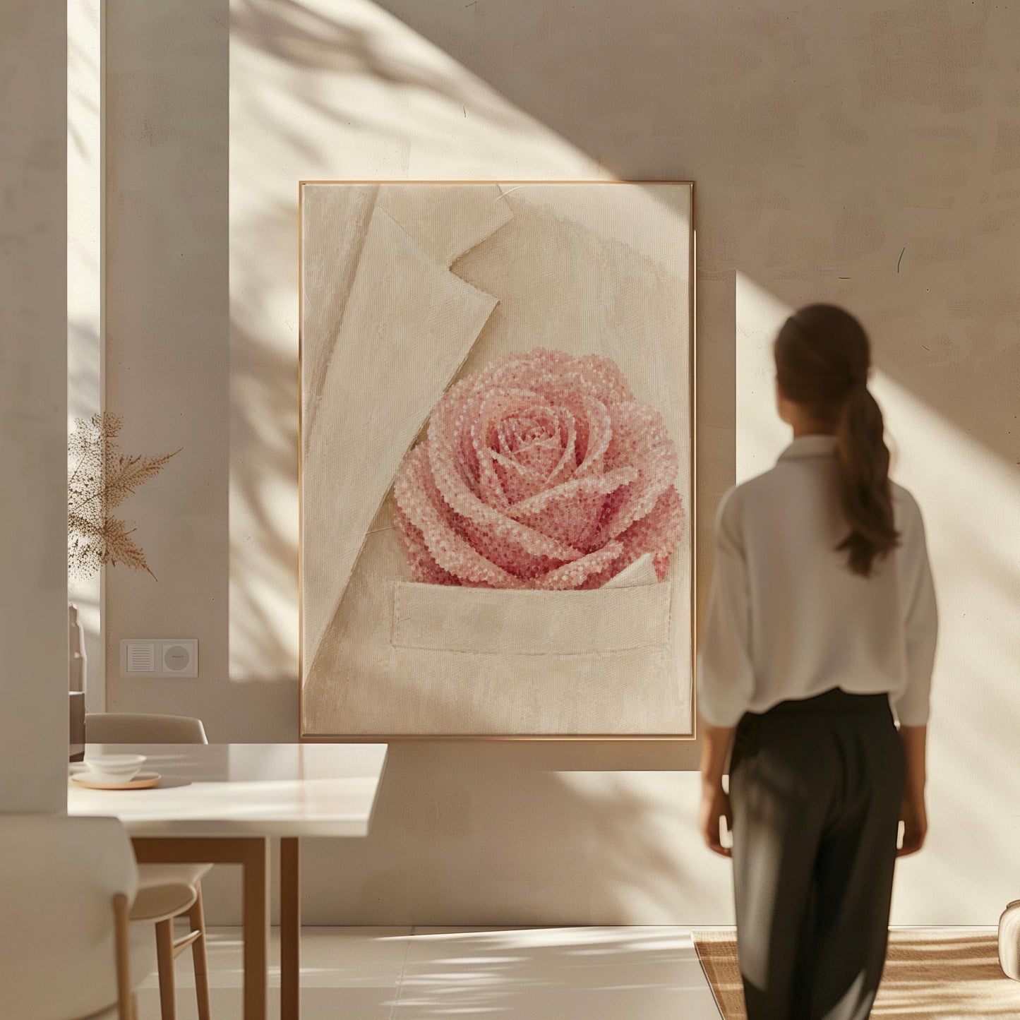 Blush pink rose with pearl beaded petals tucked into a cream pocket, canvas print styled against a soft white wall