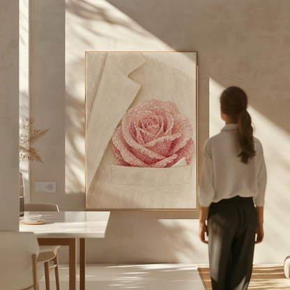 Blush pink rose with pearl beaded petals tucked into a cream pocket, canvas print styled against a soft white wall