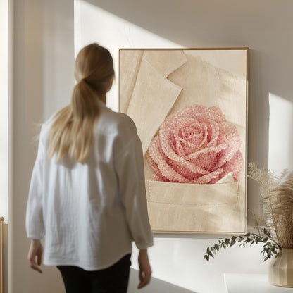 Blush pink rose with pearl beaded petals tucked into a cream pocket, canvas print shown in a sunlit, contemporary room