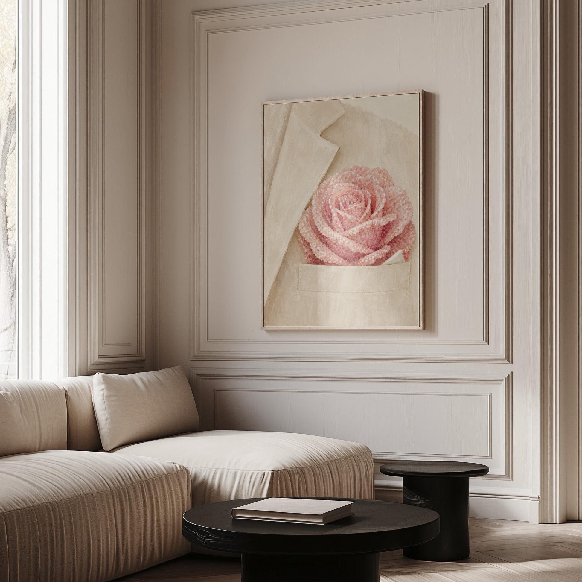 Blush pink rose with pearl beaded petals tucked into a cream pocket, canvas wall art presented in a light, minimal room