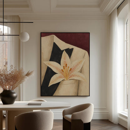 White pearl flecked lily on a cream tuxedo lapel over deep burgundy, canvas print hanging in a calm, modern living space