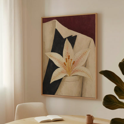 White pearl flecked lily on a cream tuxedo lapel over deep burgundy, canvas print shown in a sunlit, contemporary room