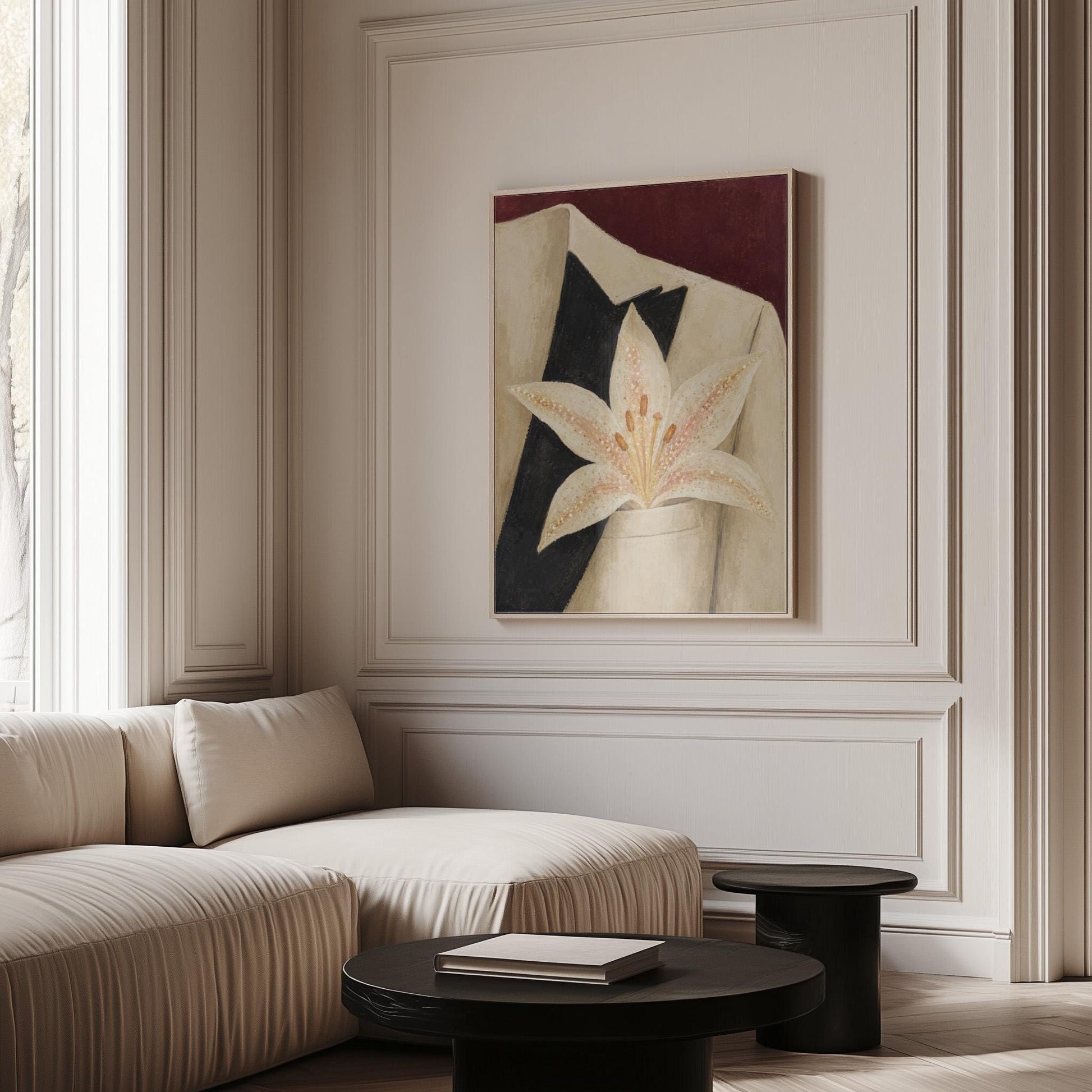 White pearl flecked lily on a cream tuxedo lapel over deep burgundy, canvas wall art styled against a soft white wall