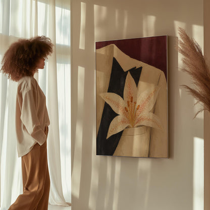 White pearl flecked lily on a cream tuxedo lapel over deep burgundy, canvas wall art seen in a warm interior with natural light