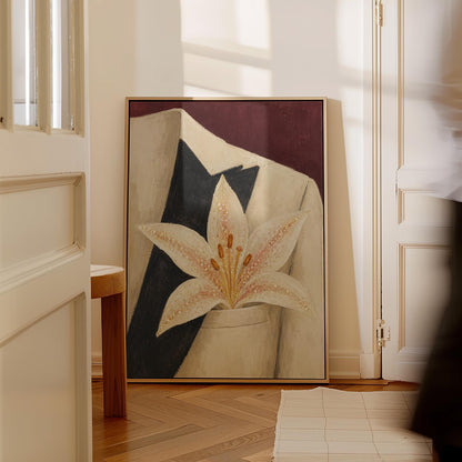 White pearl flecked lily on a cream tuxedo lapel over deep burgundy, canvas wall art on a quiet wall in a considered interior