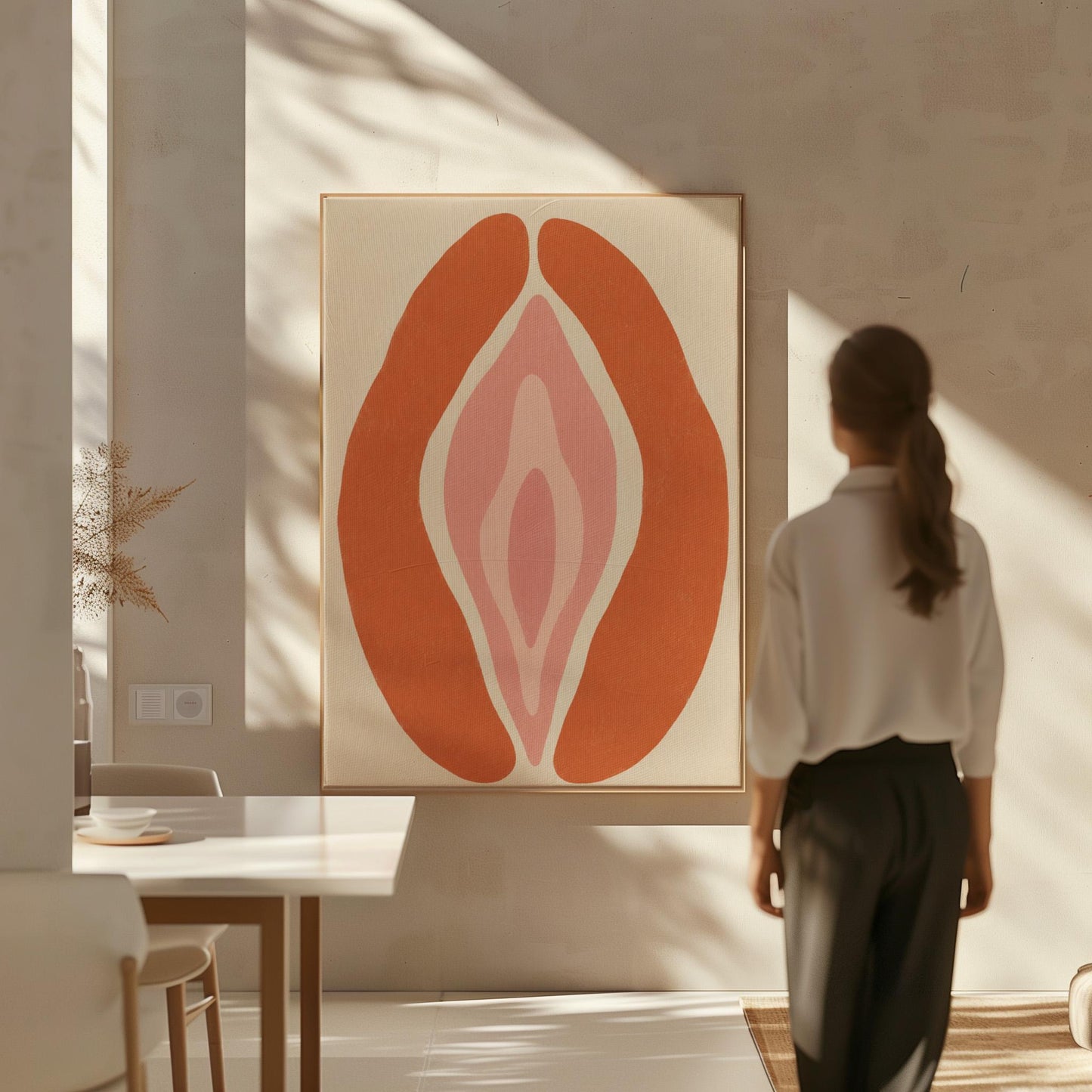 Rust orange arcs curving around a nested blush pink core on sand, canvas wall art seen in a warm interior with natural light