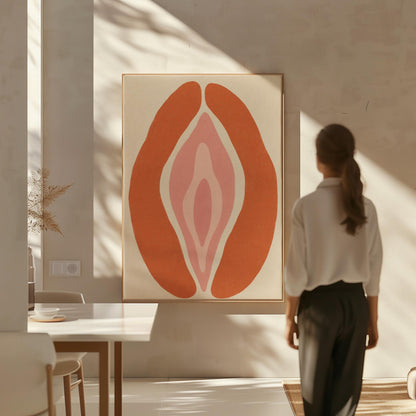 Rust orange arcs curving around a nested blush pink core on sand, canvas wall art seen in a warm interior with natural light