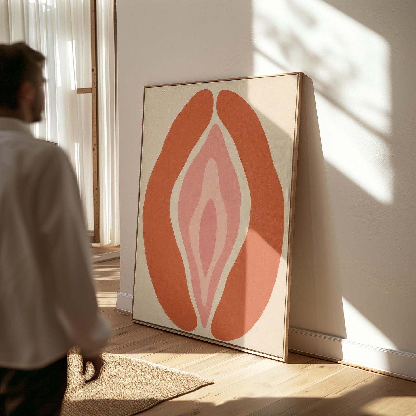 Rust orange arcs curving around a nested blush pink core on sand, canvas wall art on a quiet wall in a considered interior