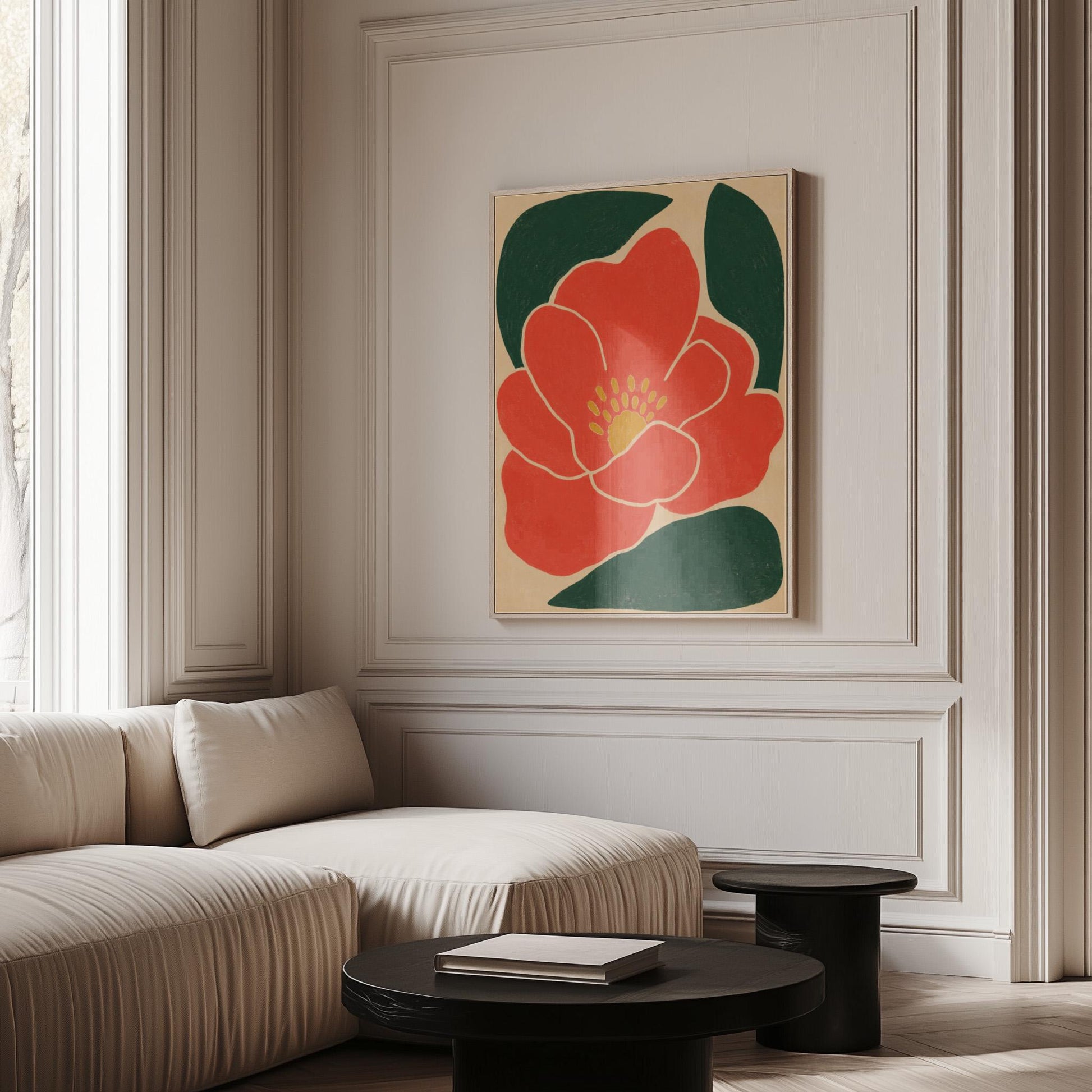 Scarlet flower with gold stamens over deep green leaves on sand, canvas print styled against a soft white wall