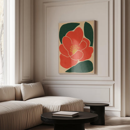Scarlet flower with gold stamens over deep green leaves on sand, canvas print styled against a soft white wall