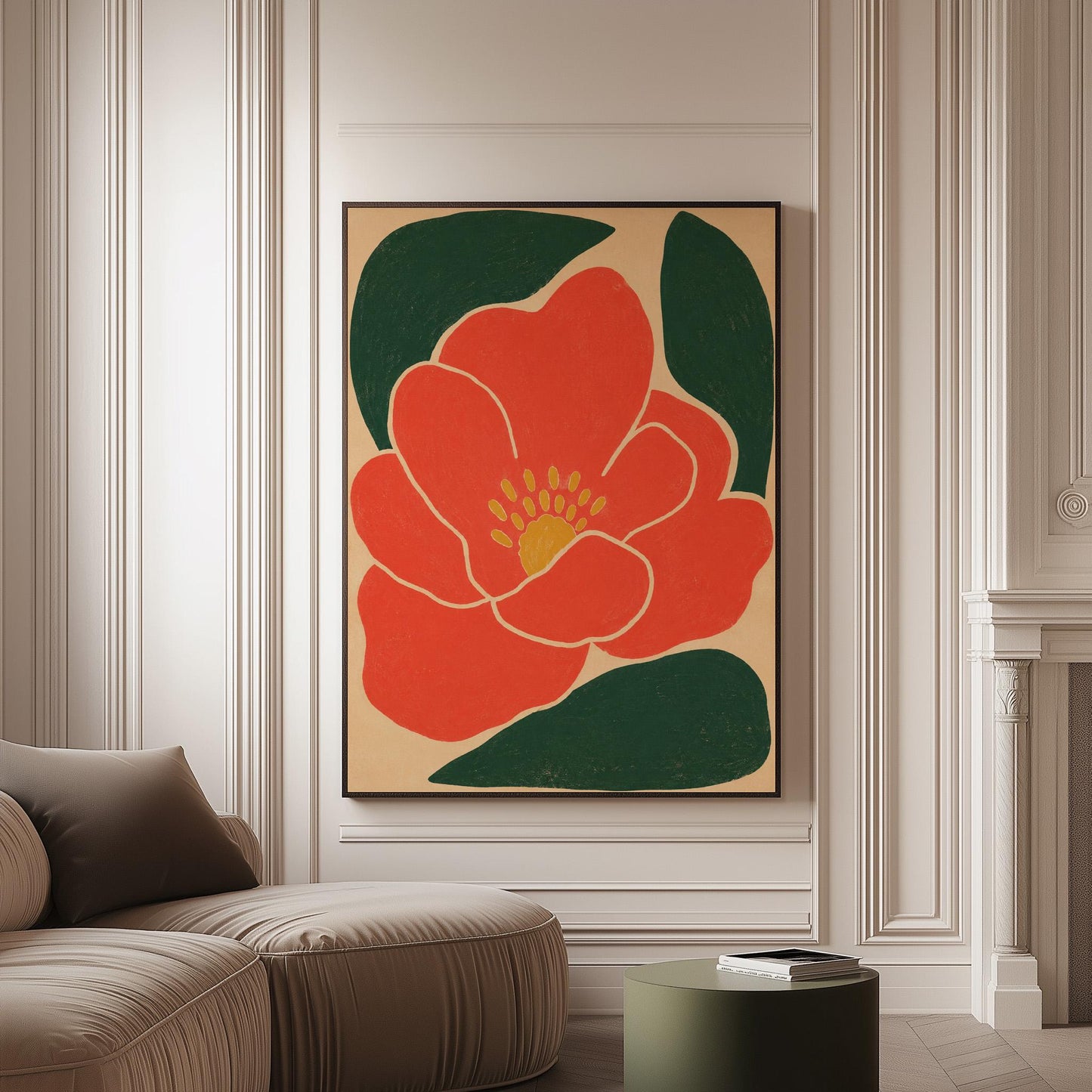 Scarlet flower with gold stamens over deep green leaves on sand, canvas print on a softly lit wall in a calm interior