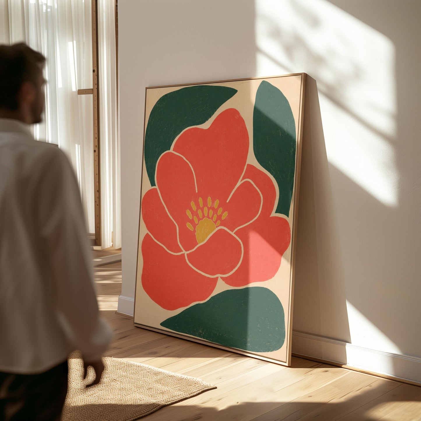 Scarlet flower with gold stamens over deep green leaves on sand, canvas wall art presented in a light, minimal room
