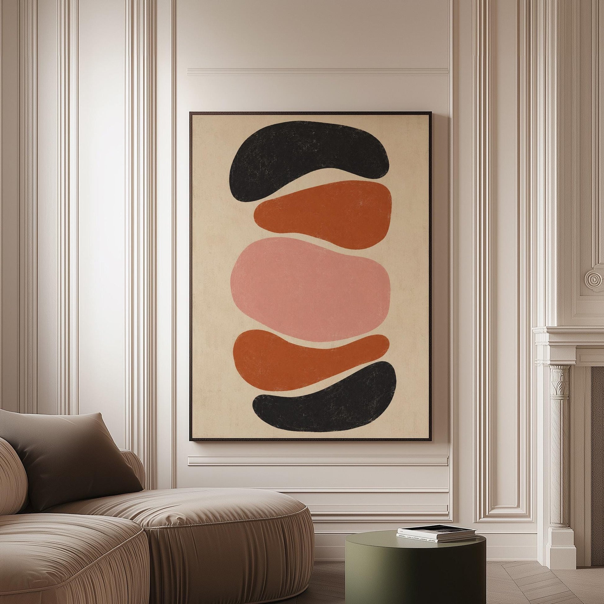 Five stacked pebble shapes in charcoal rust and blush on cream, canvas print on a softly lit wall in a calm interior