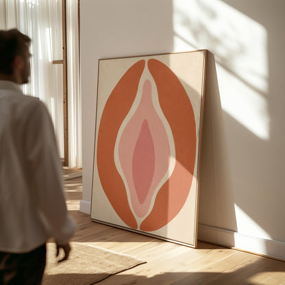Tall terracotta oval enclosing soft layers of blush and pale rose, canvas print presented in a light, minimal room