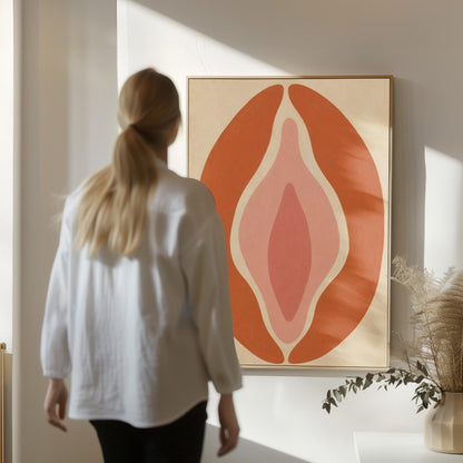 Tall terracotta oval enclosing soft layers of blush and pale rose, canvas print displayed on a neutral wall in a styled interior