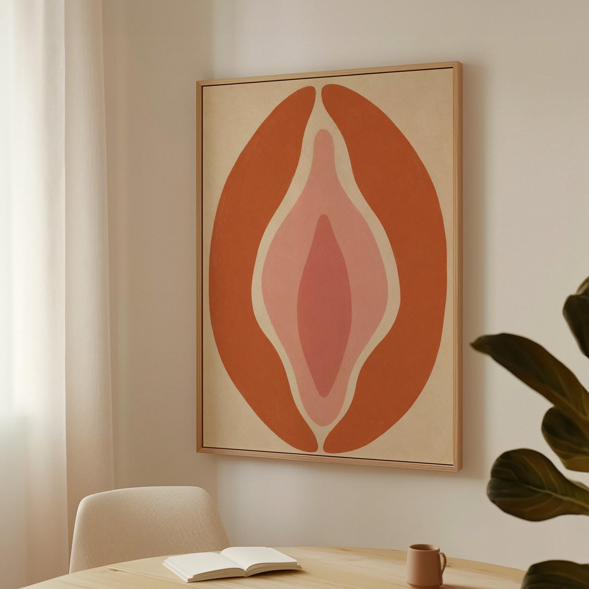 Tall terracotta oval enclosing soft layers of blush and pale rose, canvas wall art on a quiet wall in a considered interior