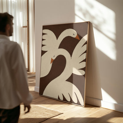 Two cream doves with orange beaks crossing wings on dark brown, canvas print hanging in a calm, modern living space