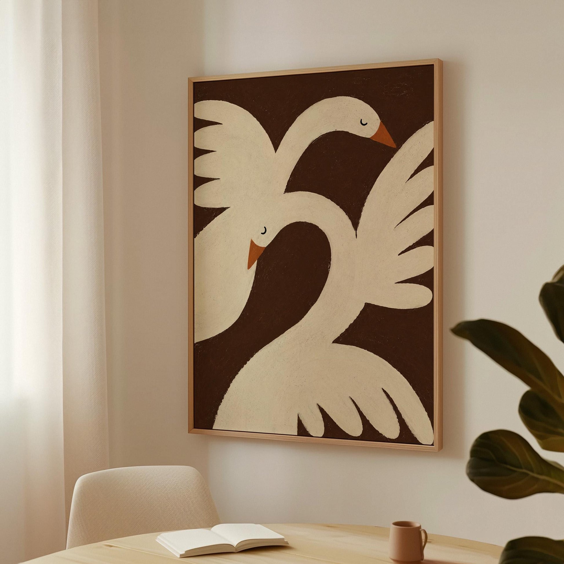 Two cream doves with orange beaks crossing wings on dark brown, canvas print seen in a warm interior with natural light
