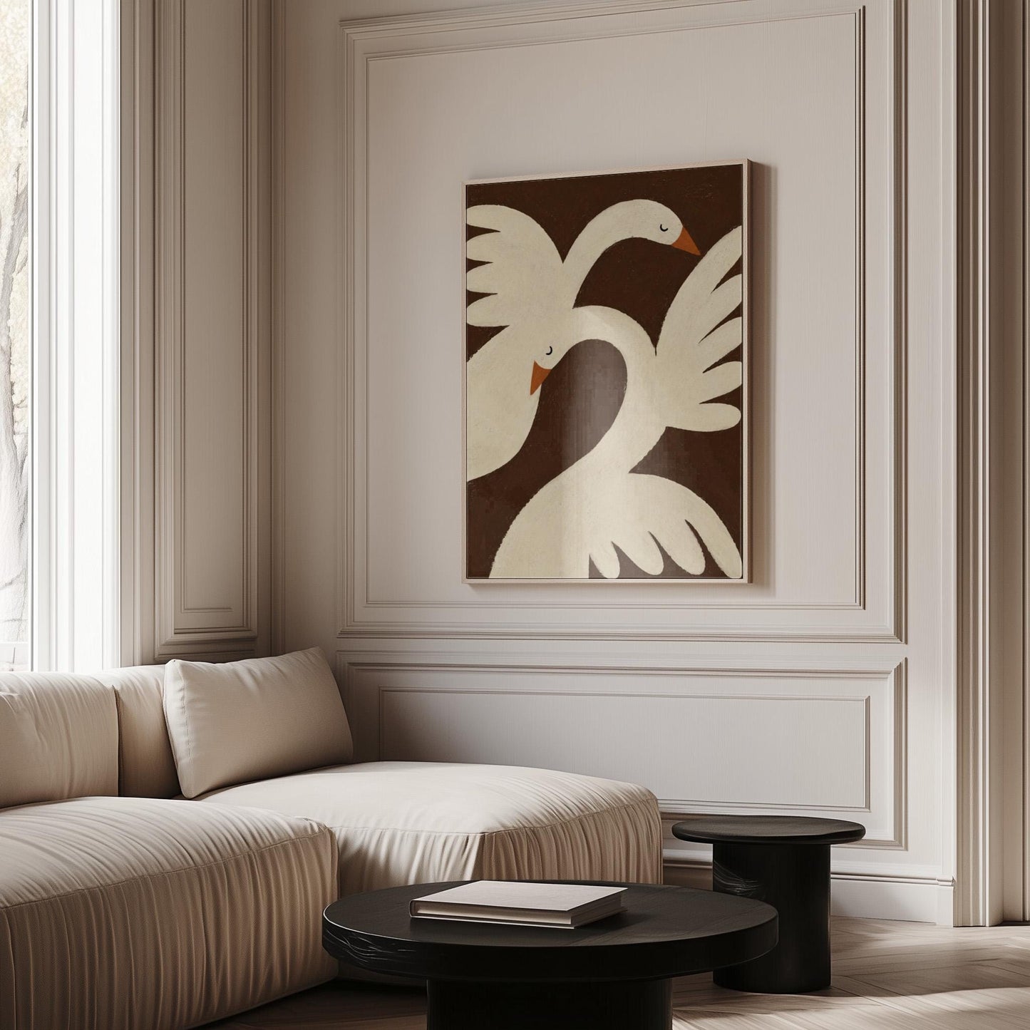 Two cream doves with orange beaks crossing wings on dark brown, canvas print presented in a light, minimal room