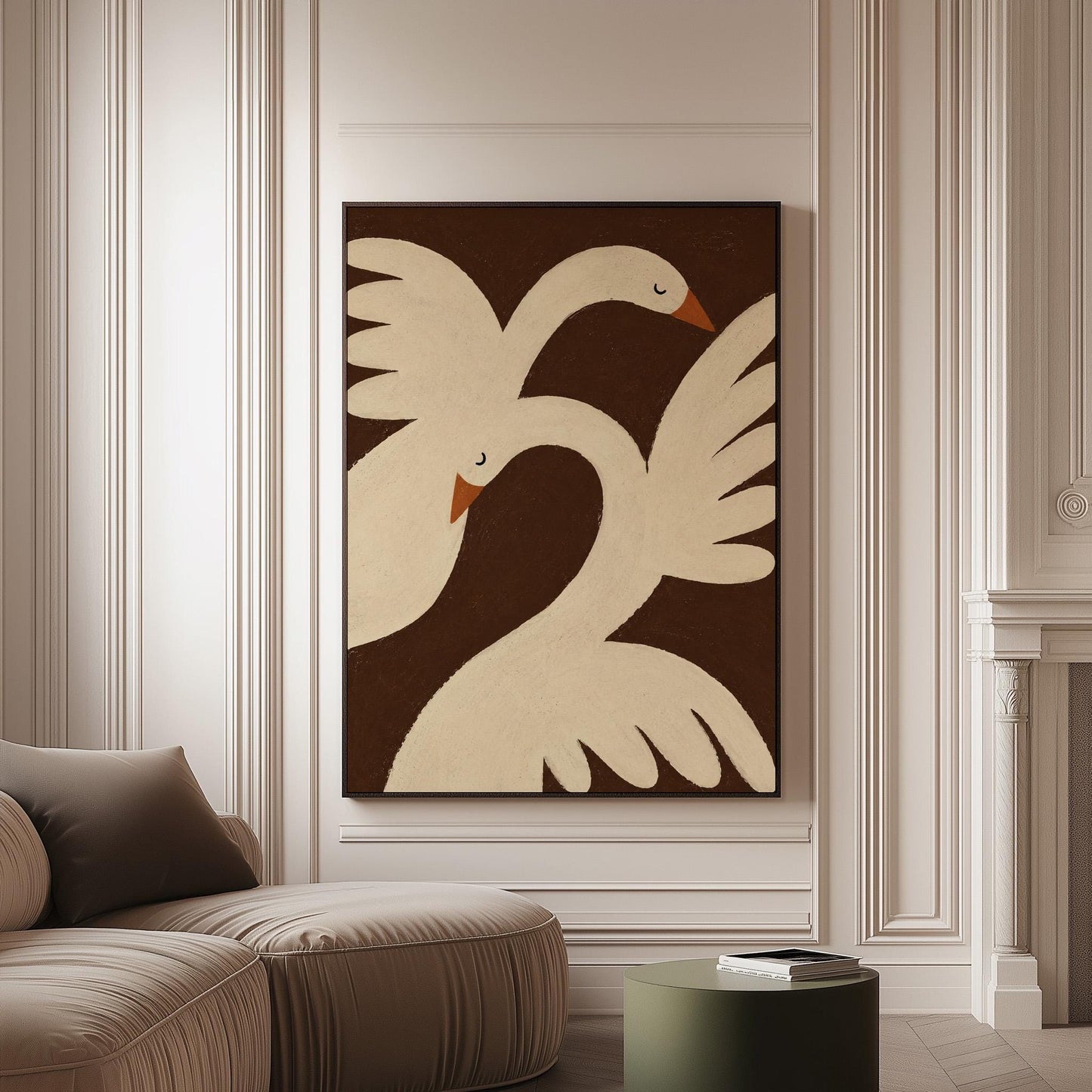 Two cream doves with orange beaks crossing wings on dark brown, canvas print on a softly lit wall in a calm interior