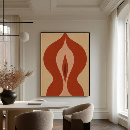 Rust red flame shaped form opening into blush and grey on sand, canvas print on a quiet wall in a considered interior