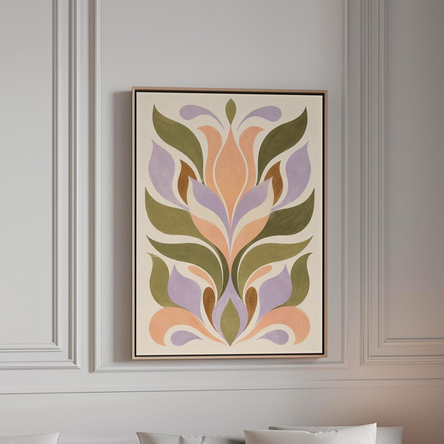 Symmetrical folk tulip motif in olive lilac and peach on cream, canvas print in a bright room with natural daylight
