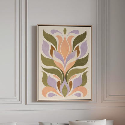 Symmetrical folk tulip motif in olive lilac and peach on cream, canvas print in a bright room with natural daylight