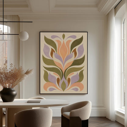 Symmetrical folk tulip motif in olive lilac and peach on cream, canvas print hanging in a calm, modern living space