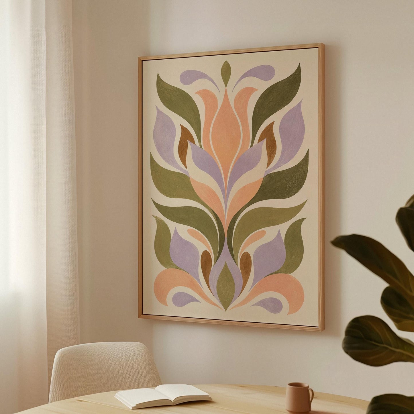 Symmetrical folk tulip motif in olive lilac and peach on cream, canvas print seen in a warm interior with natural light