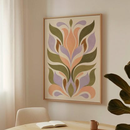 Symmetrical folk tulip motif in olive lilac and peach on cream, canvas print seen in a warm interior with natural light