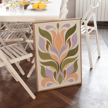 Symmetrical folk tulip motif in olive lilac and peach on cream, canvas print presented in a light, minimal room