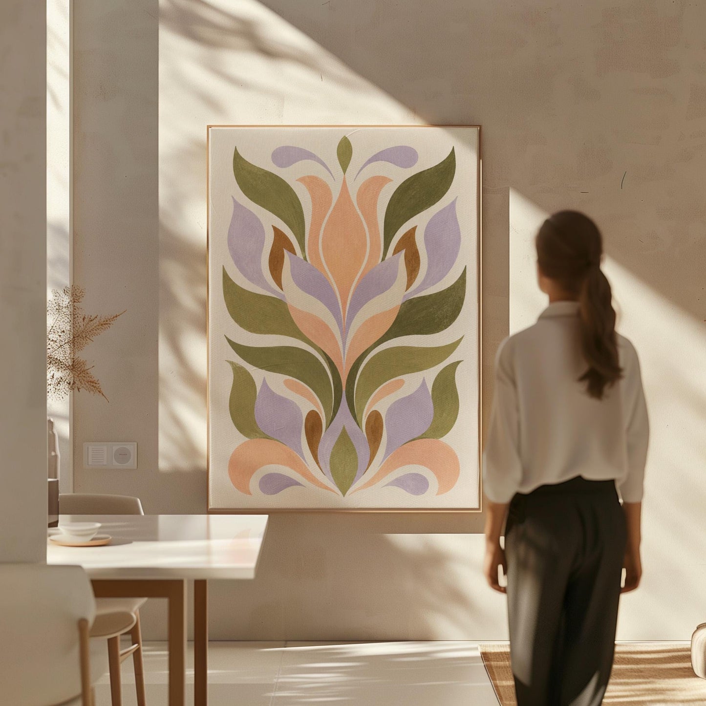 Symmetrical folk tulip motif in olive lilac and peach on cream, canvas print shown to scale in a furnished room