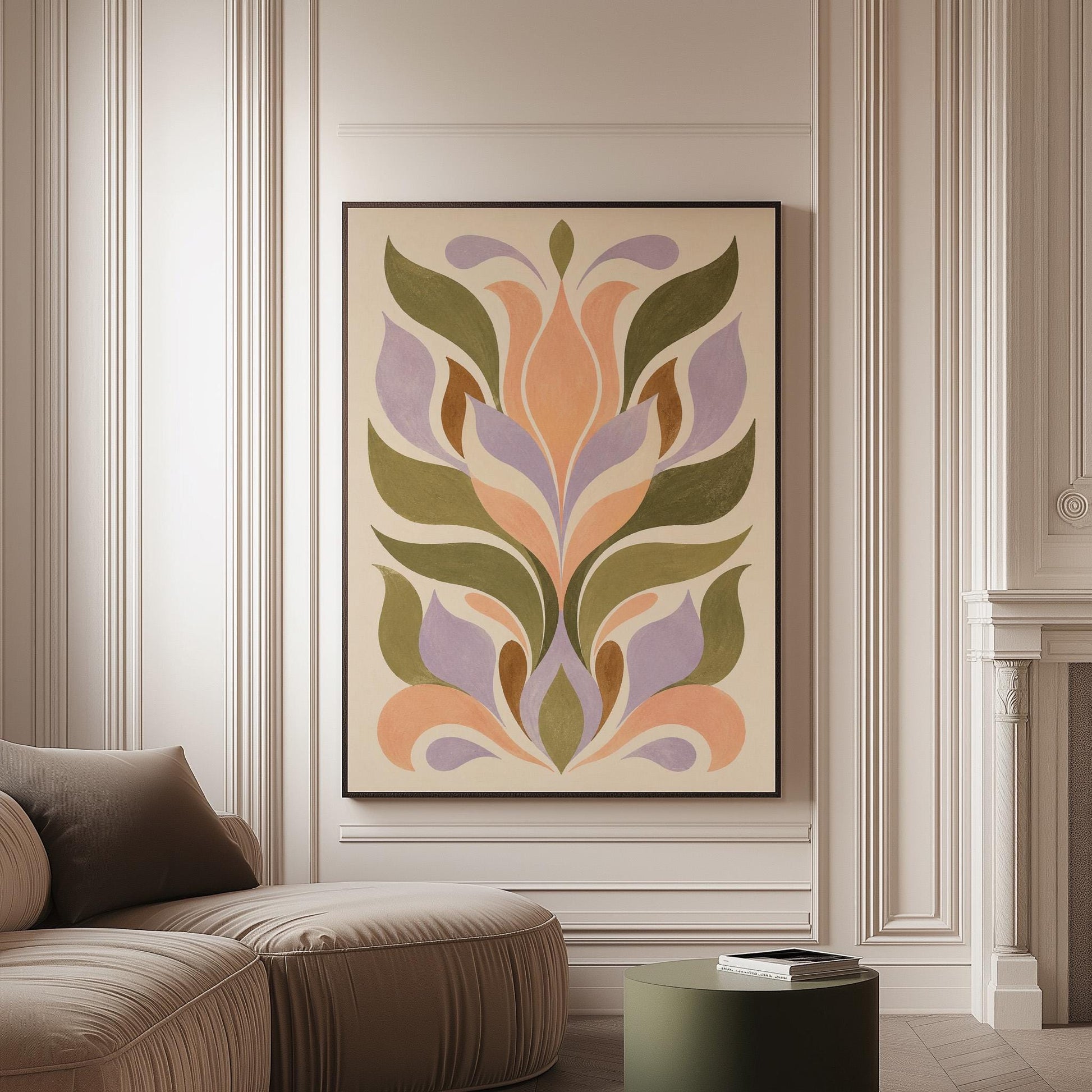 Symmetrical folk tulip motif in olive lilac and peach on cream, canvas print on a softly lit wall in a calm interior