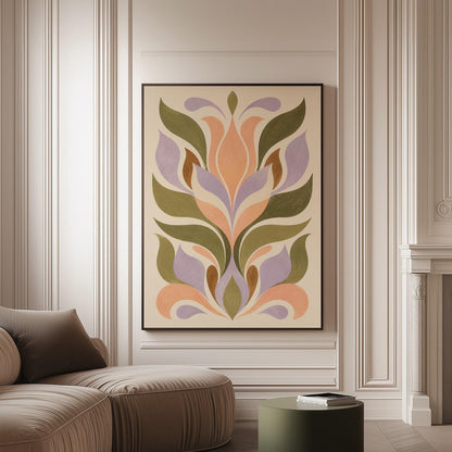 Symmetrical folk tulip motif in olive lilac and peach on cream, canvas print on a softly lit wall in a calm interior