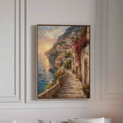 Amalfi coast sunset painting with stone path and bougainvillea, canvas print in a bright room with natural daylight