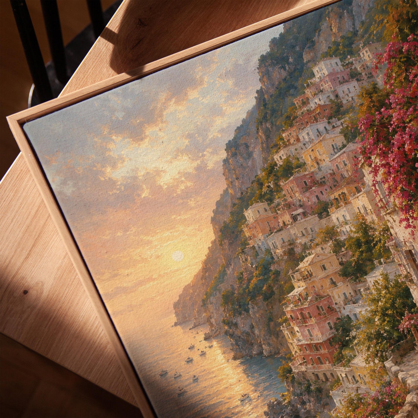 Amalfi coast sunset painting with stone path and bougainvillea, canvas print in a warm, minimally styled interior