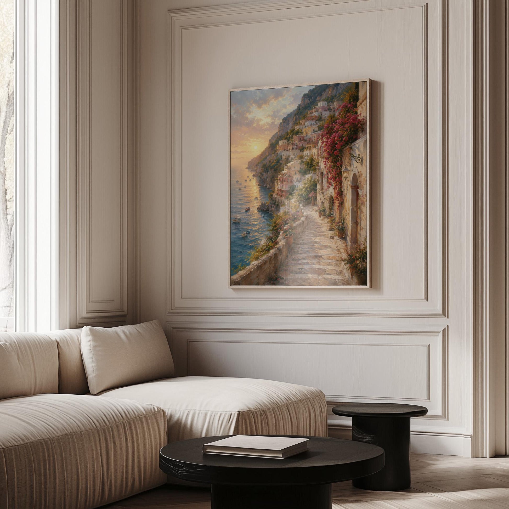 Amalfi coast sunset painting with stone path and bougainvillea, canvas print displayed on a neutral wall in a styled interior