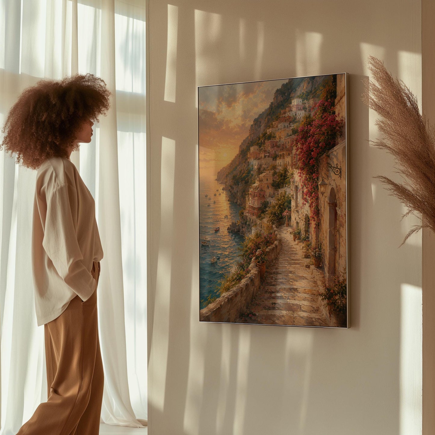 Amalfi coast sunset painting with stone path and bougainvillea, canvas wall art styled against a soft white wall
