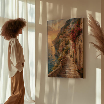 Amalfi coast sunset painting with stone path and bougainvillea, canvas wall art styled against a soft white wall