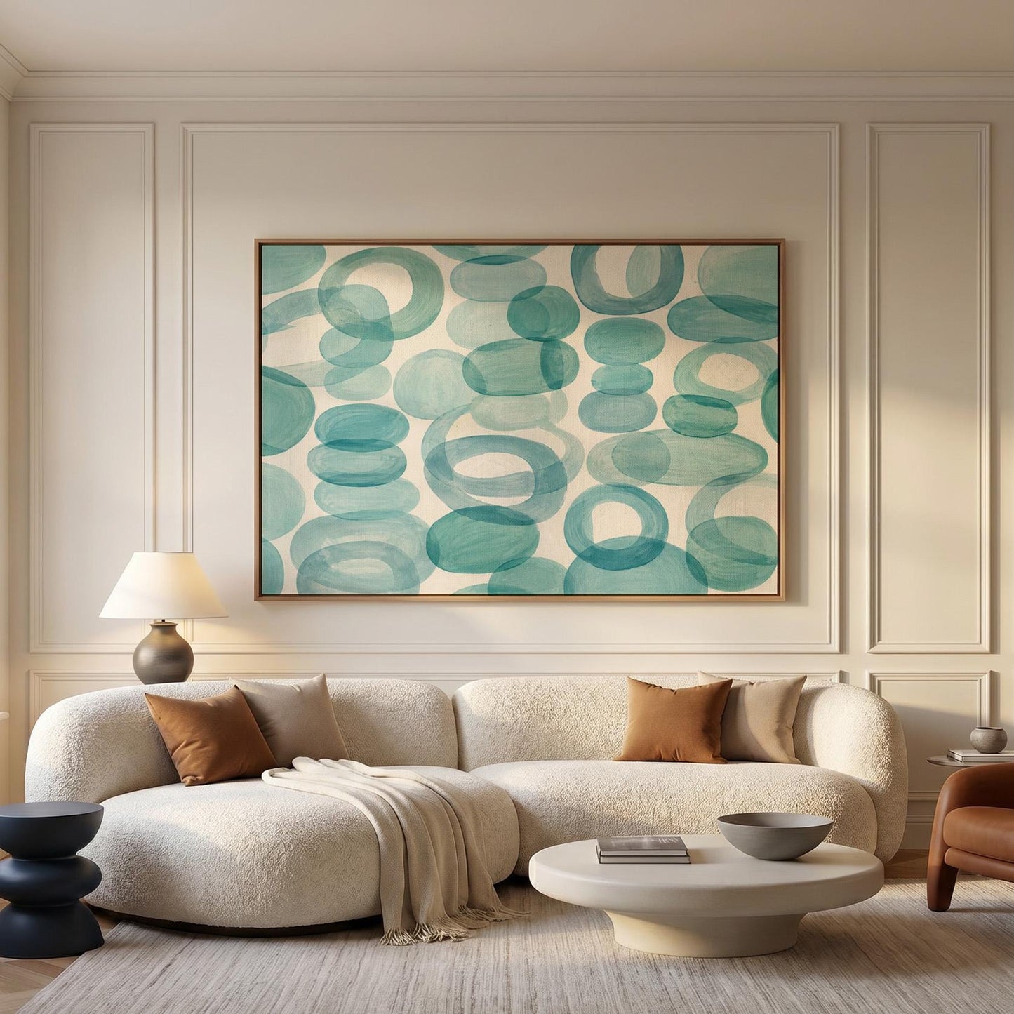 Overlapping aqua rings rolling across horizontal frame, canvas print displayed on a neutral wall in a styled interior